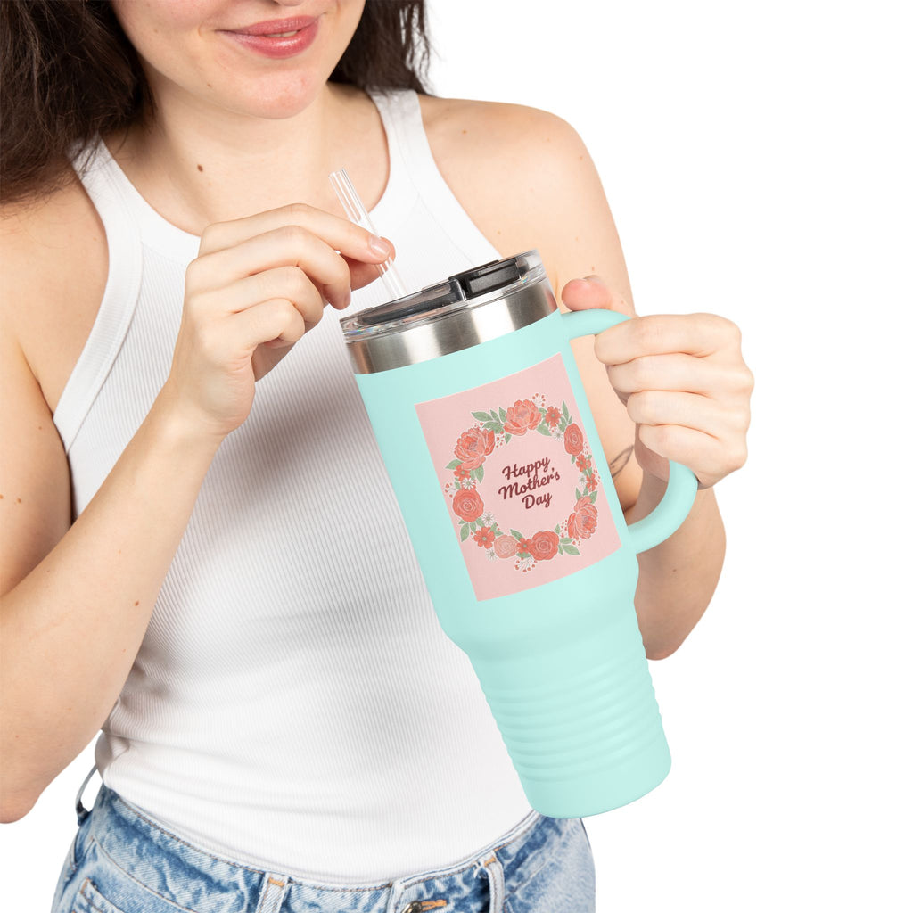 40oz Insulated Travel Mug – Pink Floral 'Happy Mother's Day' Design